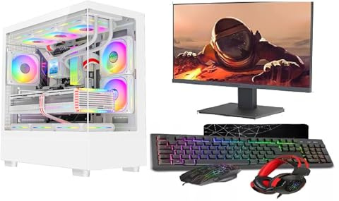 ASC Ryzen Gaming PC Bundle, AMD Ryzen 5 5500, B550 Chipset, RTX3050 8GB Graphics, 16GB Ram, 256GB NVME SSD + 1TB HDD, 550W 80+ PSU, WiFi, Windows 11 Pro, Asc Black 9 Fan RGB Case, 22 Monitor (White)