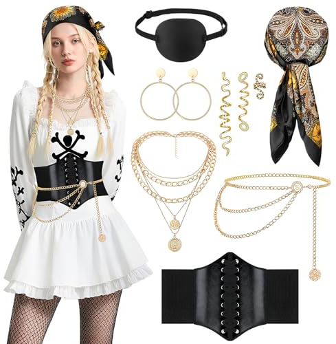 SelfTek Halloween Piratenkostüm Damen, Piraten Accessories für Party | 7 Stück Halloween Kostüm Damen mit Kopftuch Halskette Taillengürtel Hüftkette Ohrringe Haarschmuckstücke Augenklappe