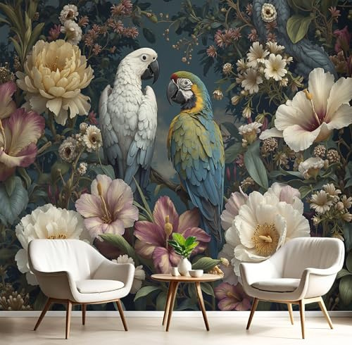 DLERFLOVR Papier Peint Panoramique Jungle Maximaliste 350x250cm - Tapisserie Panoramique Fleurs Perroquet Revêtement Murale Vert Décoration Murale pour Salon, Chambre, Bureau