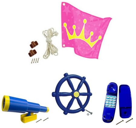 AMSLSIU Spielhaus im Freien, Baumhaus, Spielplatz mit Rädern, kinderfreundliches Piratenschiff, Teleskop, Steuerrad, Schaukel, Spielzeugschaukel, Spielplatzausstattung