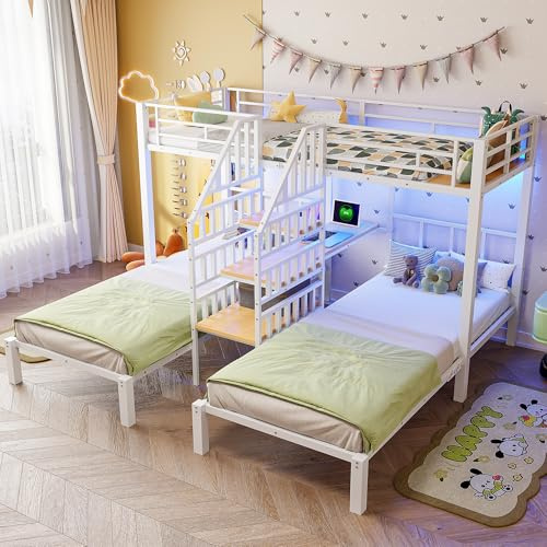 Moimhear Etagenbett, 3 Betten, mit LED-Lichtleiste, Leiter mit Stauraum, mit 2 USB-Anschlüssen + 1 Steckdose, mit Schreibtisch, mit Regal, ohne Matratze, 90 x 200 cm (Weiß)