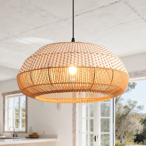 Parrot Uncle Rattan & Folien Pendelleuchte, 48cm Bambus Lampenschirm, Korb Hängelampe, Höhenverstellbar, E27-Fassung für Esszimmer, Wohnzimmer, Schlafzimmer Flur (keine Glühbirne) [Energieklasse A]