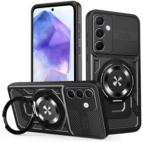 Techsuit für Samsung Galaxy A55 5G Hülle mit Militärischer Schutz, Kameraschutz, Integrierter Ständer, Magnetring Kompatibel, Stoßfest, Verstärkte Ecken, RuggedCam Series, PC TPU Hybrid, Schwarz
