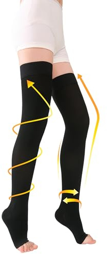 TOFLY Oberschenkel Kompressionsstrümpfe mit Offener Spitze, Medizinische Klasse Kompression Socken 20-30 mmHg (Klasse KKL II CCL 2), Abgestufte Stützstrümpfe mit Silikonband, 1 Paar Schwarz L