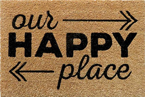 Entryways Happy Place Fußmatte aus Kokosfaser, rutschfest, 40 cm x 60 cm x 15 mm, Schwarz, P2177