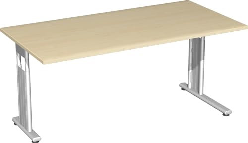 Geramöbel Schreibtisch höhenverstellbar, einseitig zurückgesetzt, 1600x800x680-820, Ahorn/Silber