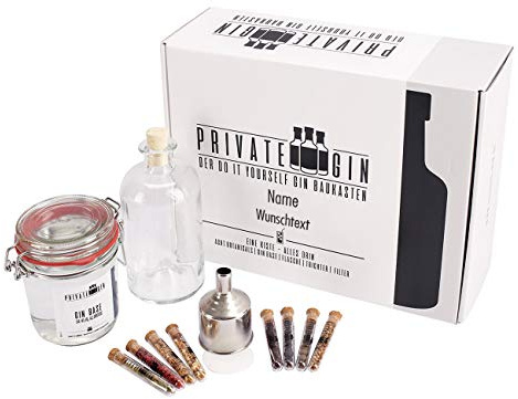 Herz & Heim® Gin DIY Baukasten Set mit Gin-Base, Botanicals, Filter und Flasche in personalisierter Geschenkbox