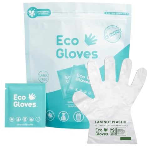 Eco Gloves Individually Wrapped Eco-Friendly Compostable Disposable Anti-Germ Gloves Latex Free, Powder Free, Plastic Free for Safety, Cleaning, Food, Pet Care | One Size Fits Most | 48ct | Clear
