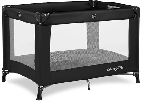 Dream On Me Nest Portable Playard in Black with Carrybag an Shoulder Strap, Lightweight, Packable and Easy Setup Baby Playard, Breathable Mesh Sides and Soft Fabric - Comes with a Removable Padded Mat