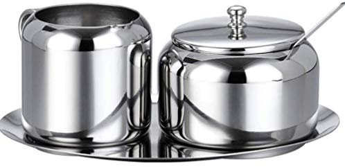 Set Latte e Zucchero Zuccheriera in Acciaio Inox, Zuccheriera Piccola con Vassoio Cucchiaio e Cucchiaio Zucchero per Casa, Cucina, Hotel e Caffè, 3 parti