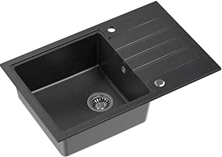 VBChome Spüle 78 x 50 cm Tiefes Becken 20cm Schwarz Küche Große Abtropfflache Einbauspüle Verbundspüle Unterschränke ab 55 cm Küchenspüle Einzelbecken + Siphon