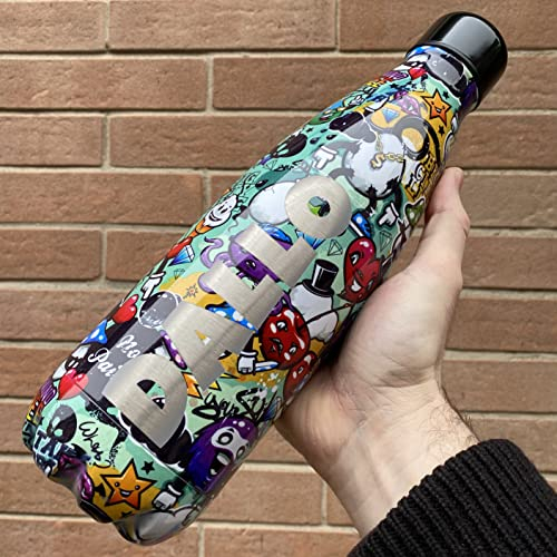 I-Drink Borraccia 1000 ml Termica Acciaio Bottles IDRINK INCISIONE INCLUSA (1 L) - Personalizzazione con testo a tua scelta (Graffiti)
