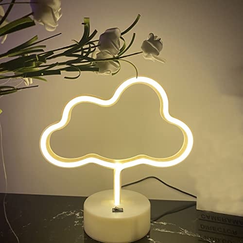 ENUOLI Lampe Néon en Forme de Nuage - Lumière Blanc Chaud avec Socle USB/Piles - Lampe de Table LED pour Chambre d'Enfant, Chambre à Coucher, Panneau Décoratif