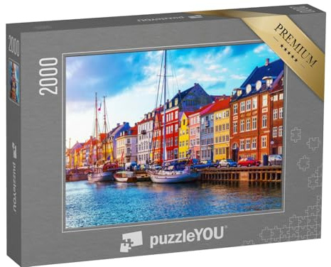 puzzleYOU: Puzzle 2000 Teile „Sonnenuntergang mit Blick auf den Pier in Nyhavn: Schiffe, Yachten und farbige Häuser“ – aus der Puzzle-Kollektion Dänemark, Kopenhagen, Skandinavien