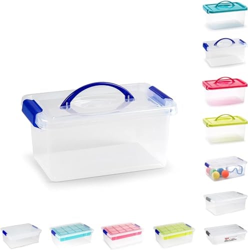 Plastic Storage Box Lightweight Robust Stackable Storage Boxes with Lid, Clear Latch Boxes, Plastic Organiser, Space Saving Solution for Home Office (4L - Transparent Storage Box with Handle)