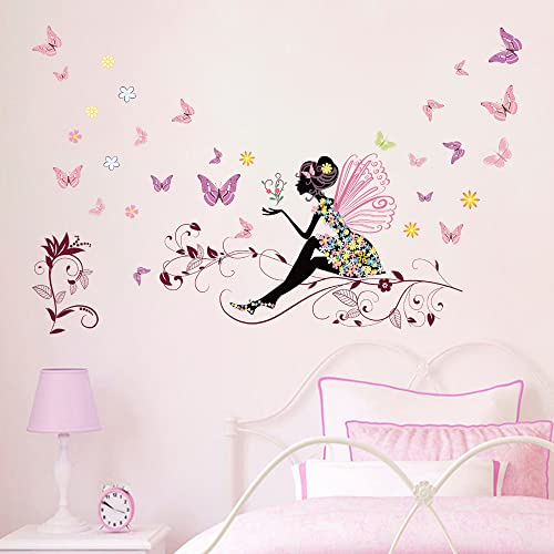 Runtoo Wandtattoo Mädchen Schmetterling Rosa Wandsticker Fee Blume Wandaufkleber Kinderzimmer Babyzimmer Wanddeko