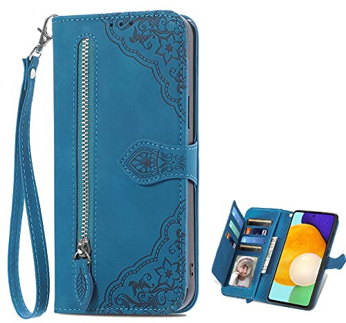 TIANYUE Hülle für Nokia 5.4, Geprägtes Muster Reißverschluss Handyhülle mit 7 Kartenfächer Standfunktion Geldbörse Trageband Schutzhülle Flip Wallet Case für Nokia 5.4-Blau