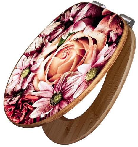 banjado Design WC Sitz Bambus Absenkautomatik 45,8x37,5cm - Toilettendeckel mit Absenkautomatik Holz - hochwertiger Bambus Klodeckel - WC-Sitz für gängigen Toiletten - Motiv Brautstrauss