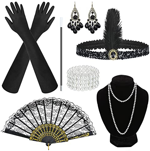 Dreamtop 20er Jahre Accessoires Damen 1920er Flapper Great Gatsby Accessoires 1920s Zubehör Set mit Stirnband Handschuhen Halskette Armband Ohrringen Spitze Faltfächer