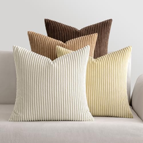 MIULEE Kordsamt Kissenbezug Weiche Kissenhülle Dekorative Sofakissen Quadratische Dekokissen Moderne Zierkissenbezug Gestreifte Kissenbezüge für Wohnzimmer Schlafzimmer 4 Stück 50x50cm Braun