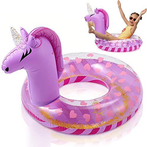 WenYa Anillos flotadores inflables de unicornio de 22 pulgadas para niños, anillos inflables de unicornio con purpurina para niños, piscina, deportes acuáticos (morado)