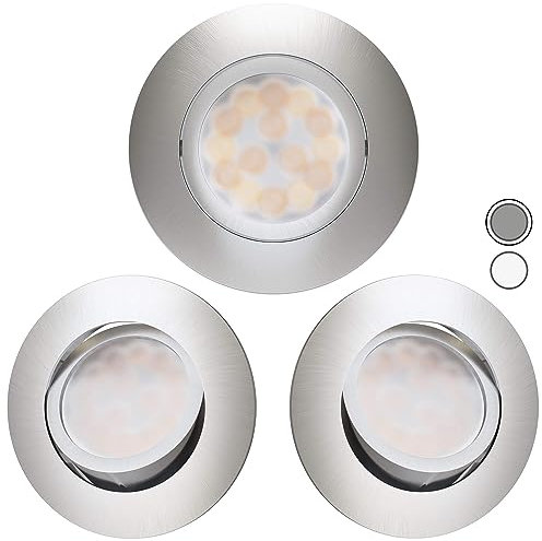 Scandinavian home 3er Set LED Spot 230V Dimmbar WarmDim 5,8W Warmweiß Schwenkbar 68mm - 75mm I Badezimmer IP44 I CRI 90 500lm 3000K I Edelstahldesign I LED Einbaustrahler Deckeneinbauleuchte flach