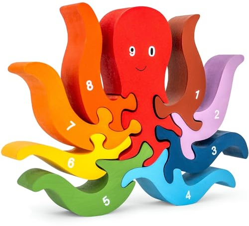 WIESEN.design Zahlen Puzzle Kleine Krake, Montessori Spielzeug ab 3 Jahre, DIN EN71 geprüft und nachhaltig verpackt, Holzpuzzle Kinder, Puzzle ab 3 Jahre, Motorikspielzeug und Zahlen Lernen