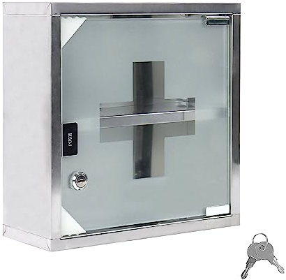 LARS360 Medizinschrank, Rostfreier Arzneischrank für Medikamenten Aufbewahrung & Verbandskasten, Abschließbar Medikamentenschrank mit Tür aus Gehärtetem Glas, 30 x 12 x 30cm (2 Regalen)