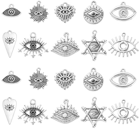 Stiesy 100Pcs 10 Styles Antique Silver Evil Eye Charms Tibetan Style Horse Eye Charm Vintage Jewelry Dangle Pendant Bulk for Bracelet Jewellery Making DIY Crafts Necklace Earring