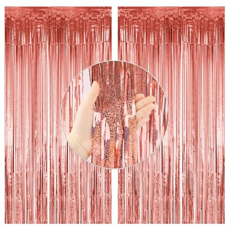 RISVOWO 2 Pièces Rideau Métallique de Frange, 1 x 2 m Doré Foil Fringe Rideau Tinsel, Rideau Frange Anniversaire, Rideau Frange, pour Mur Photographie Mariage Anniversaire Fête Noël Party (Rose)
