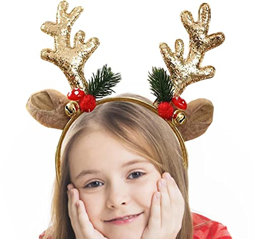 Rentier Haarreif Weihnachten | Glitzer Weihnachten Haarreif | Hirschgeweih Stirnband Mit Pailletten Und Glöckchen | Rentier Geweih Schneemann Bögen Pailletten Sterne Haarreifen Für Kinder Erwachsene