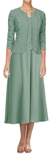 JAEDEN Spitze Brautmutterkleider mit Jacke - Chiffon Hochzeitsgast Kleid Wadenlang Bräutigam Mutter Kleider Pastellgrün 46