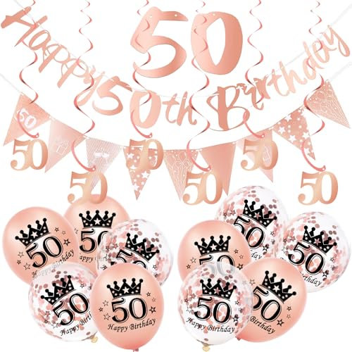 RONGZUBAT 18Pcs Rose Gold 50th Birthday Decorations Set: Banner, Triangular Bunting, 50 Foil Hanging Swirls, Confetti Balloons, Number for Women's 50th Birthday Party