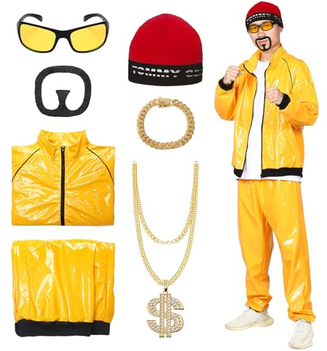 Suffolly 90s Fancy Dress Costumes Men Women Cool Shell Suit 80s 90s Outifit with 5pcs Accessories 80s Fancy Dress Men for Halloween Rapper Hip Hop Disco Fancy Dress Party