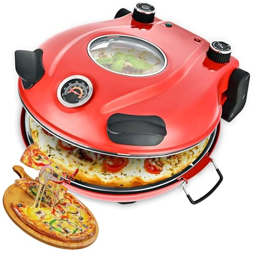 Pizzaiolo Elettrico 1200 W, Forno per Pizza Portatile da Interno, Controllo della Temperatura 50-420 ℃, Riscaldamento su Entrambi i Lati, Rivestimento Antiaderente, per Pizze/Nachos/Fajitas red