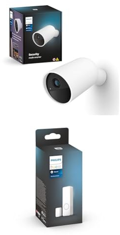 Philips Hue Secure kabellose Smart Home Überwachungskamera, weiß + Philips Hue Secure Smart Home Kontaktsensor für Türen und Fenster, Smart Home Security und Lichtsteuerung mit nur einer App, schwarz
