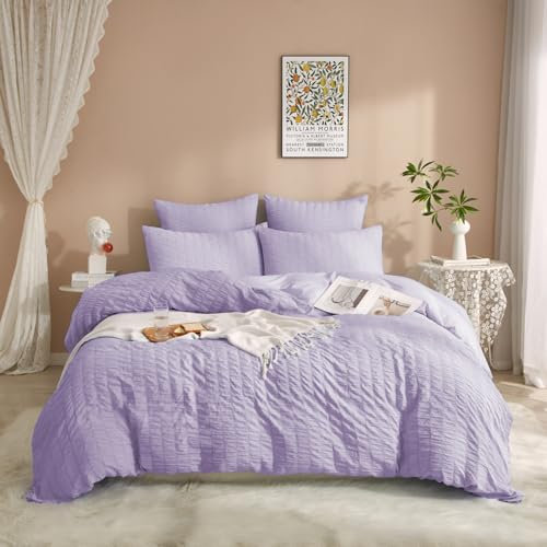 Luofanfei Seersucker Bettwäsche 220x240 Lila Sommer Gestreift Uni Einfarbig Wende Bettwäsche Set Microfaser Atmungsaktiv Leicht Bettbezug 240 x 220 cm und Kissenbezüge 80x80 cm mit Reissverschluss