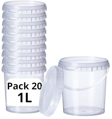 GROWMANIA Pack x20 Cubo Plástico 1L Transparente con Asa – Tupper Hermético Apto para Alimentos, Líquidos y Pintura - Bote Almacenamiento – Tarro Contenedor Resistente