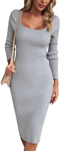Odizli Strickkleid Damen Winter Herbst Elegant Langarm Geripptes Midi Pulloverkleid mit Schlitz Bodycon Kleid Etuikleid Midikleid Hochzeit Hochzeitsgast Herbstkleid Winterkleid Partykleid Grau S