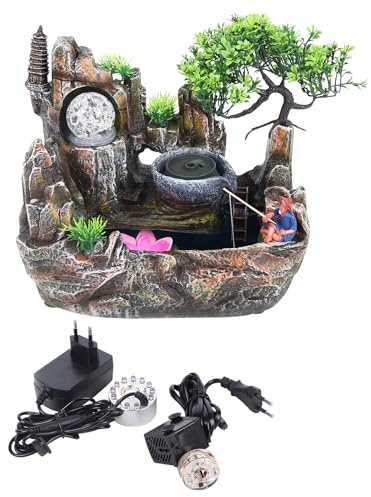 Zimmerbrunnen mit LED Beleuchtung, Grüne Pflanze Brunnen Springbrunnen Gartenbrunnen Deko Tischbrunnen Wasserfall mit Nebel, 30 x18 x 26 cm