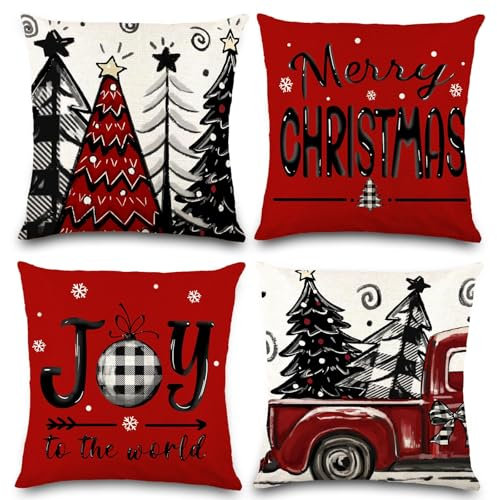 JOISHOP 4pcs Christmas Cushion Covers, 18 x 18 Inch Linen Red Christmas Throw Pillow Covers Merry Christmas Pillow Cases for Christmas Sofa Living Room Indoor Home Decorations
