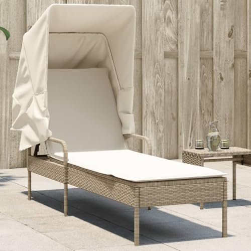 Homgoday Sonnenliege mit Dach Gartenliege Relaxliege Strandliege Balkonliege Freizeitliege für Garten, Terrasse & Balkon Beige Poly Rattan