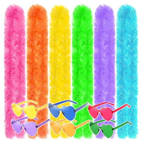 6Pcs Colorful Feather Boas, 6.6ft Fancy Dress Feather Boa for Women for Dancing Wedding Party Cosplay Halloween, Artificial Fluffy Boa Decorations with Heart Rimless Sunglasses (Rainbow)