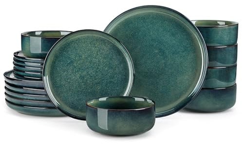 Geschirrset 6 Personen modern, vancasso STARRY 18 teiliges Steinzeug Geschirr Set, Teller Set, Kombiservice Set Grün, Tafelservice 6 Personen, Inklusive Speiseteller, Dessertteller und Müslischalen