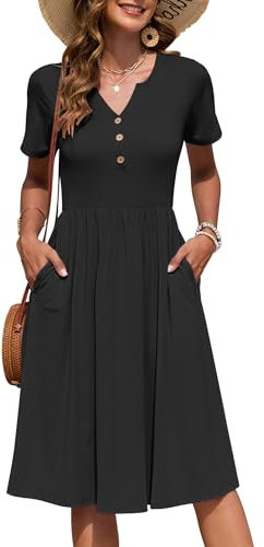 AUSELILY Women's Summer Short Sleeve Midi Dresses V Neck Empire Button Knee Length Dress with Pockets Black S