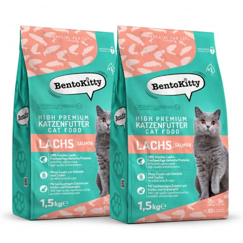 BentoKitty High Premium Katzenfutter Trockenfutter Lachs – 3 kg Vorteilspack (2×1,5 kg) | Getreidefrei, 71% tierische Zutaten, 30% frischer Lachs | Zuckerfrei Alleinfuttermittel