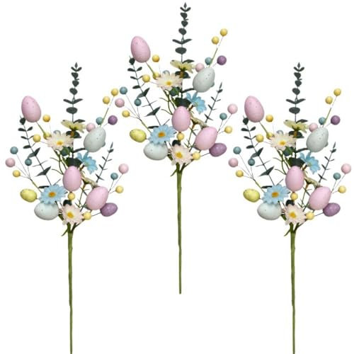 RSACCSKY Osterzweige, Stiele, Glitzer, künstlicher Zweig mit Pastelleiern, Beeren, Eukalyptus für Vasen, Bauernhaus, Blumendekoration, künstliche Beerenstiele für Vase (F), 3 Stück
