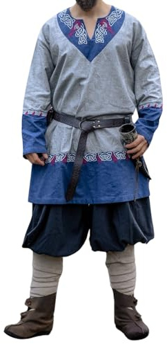 Leonardo Carbone® Unisex Tunika Freydis | Handstickerei | V-Ausschnitt | Karneval, Halloween, Cosplay, LARP, Mittelalter, Wikinger, Kostüm, Gewand | 100% Baumwolle Grau 2XL/3XL