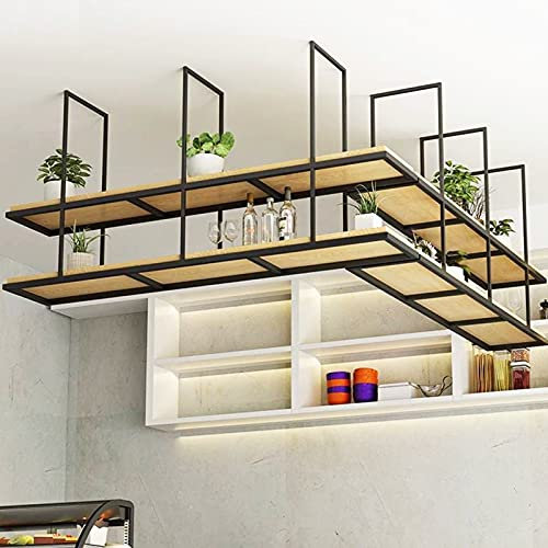 SZITW Hängendes Deckenregal mit schwebenden Regalen, dekorativer Blumenständer, Lagerregal für die Küche zu Hause, Bar, abgehängte Decke, Topfhalter, Weinhalter aus Holz und schwarzem Metalleisen