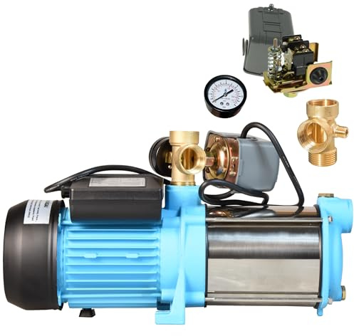 Pompa dell'acqua MAX-H 1300 - Pompa da Giardino (1300 W, 6000 l/h, altezza di mandata 55 m) - con Manometro Pressostato Attacco a 5 vie - per Acqua Pulita - per Irrigazione - per Serbatoio a Pressione
